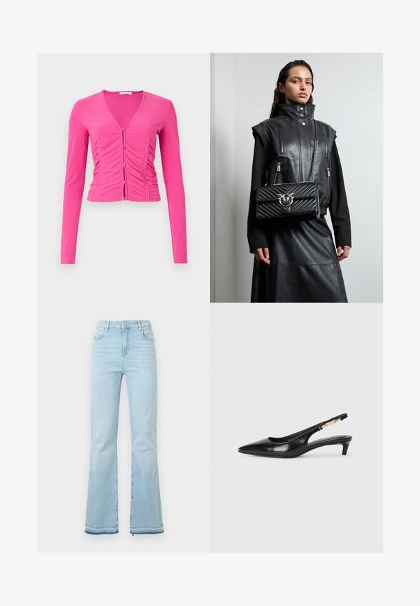 Dlhý rukáv, priliehavý ružový top s hlbokým V-výstrihom, riasením na prednej strane a striebornými gombíkmi na zapínanie. Hladká textúra.; Svetlomodré rozšírené džínsy z denimovej látky, s vysokým pásom, prednými vreckami a surovým lemom na manžetách pre ležérny vzhľad.; Čierne kožené slingback opätky s špicatou špičkou, s úzkym opätkom a zlatým detailom na nastaviteľnom remienku. Hladká textúra.; Čierny kožený vest s vysokým golierom, so zipsom na vreckách a čiernou prešívanou kabelkou so striebornými kovovými detailami, nosený s dlhou čiernou sukňou.