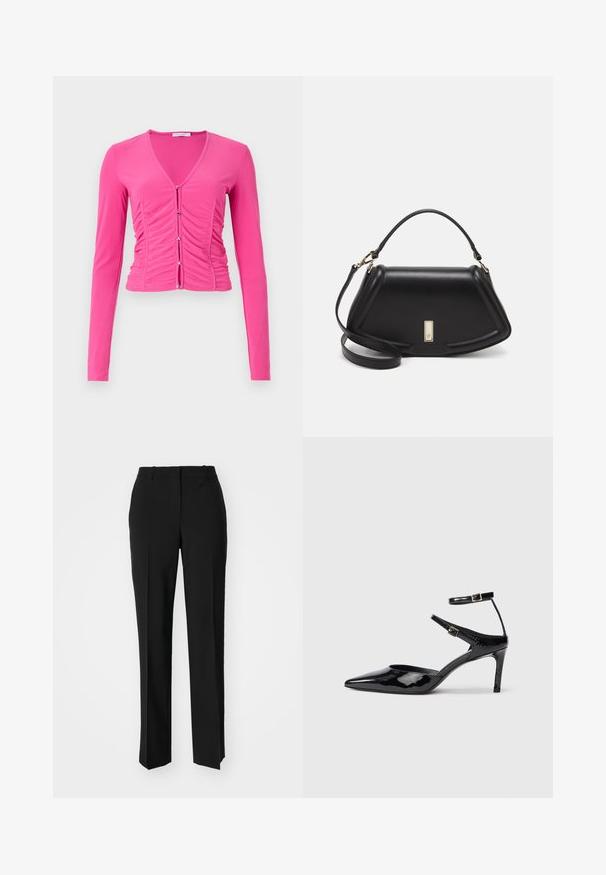Langermet, tettsittende rosa topp med dyp V-hals, rynkedetaljer nedover fronten og sølvknapper som lukking. Glatt tekstur.; Sorte skreddersydde bukser med rett silhuett, med en glatt tekstur og klare pressede bretter foran. Ingen synlig maskinvare.; Sorte lakkede hæle med spids tå, justerbare ankelstropper og en slank hæl. Glat tekstur med en skinnende overflade.; Sort lærveske med en strukturert design, som har en avkortet form, topphåndtak og detaljer i gull. Justerbar skulderstropp inkludert.