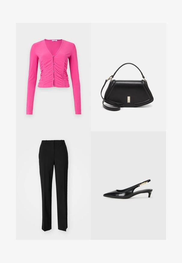 Ilga rankovė, prigludusi rožinė palaidinė su giliu V formos iškirpimu, raukiniais priekyje ir sidabriniais mygtukais užsegimui. Lygus paviršius.; Juodi pritaikyti kelnių modeliai su tiesiomis kojomis, pasižyminčios lygiomis tekstūromis ir ryškiomis klostėmis priekyje. Nėra matomų detalių.; Juodas odinis pavasario batelių modelis su smailiu nosiu, turintis siaurą kulniuką ir auksinės spalvos akcentu reguliuojamoje juostoje. Lygi tekstūra.; Juoda odinė rankinė su struktūrizuotu dizainu, turi trumpą formą, viršutinę rankeną ir auksinius akcentus. Pridėtas reguliuojamas peties diržas.