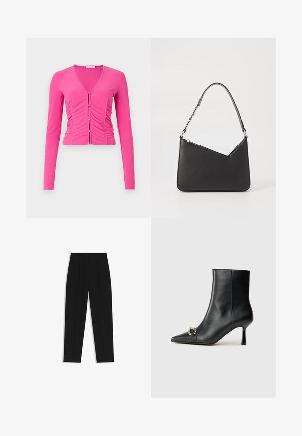 Fitted, lange mouw, roze top met een diepe V-hals, geplooide details aan de voorkant en zilveren knopen voor sluiting. Gladde textuur.; Zwarte broeken met een rechte pasvorm, voorzien van dubbele plooien, een zachte textuur en een klassiek taillebandontwerp. Geen zichtbare hardware of accenten.; Zwarte leren enkelboot met spitse neus, slanke middenhoge hak en zilveren gespdetail aan de zijkant op een effen achtergrond.; Zwart leren handtas met een driehoekige vorm, een slanke strap en zilveren hardware. Voorzien van een ritssluiting en een reliëflogo op de voorkant.