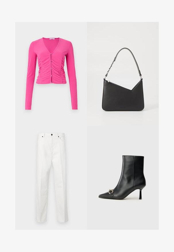 Hosszú ujjú, testhez simuló rózsaszín felső mély V-nyakkivágással, ráncolt részletekkel az elején, és ezüst gombos záródással. Simány tapintású.; Fehér farmernadrág egyenes szabásban, gombos zárással és két elülső zsebbel. Nincsenek látható minták vagy díszítések. Simább textúra.; Fekete bőr bokacsizma hegyes orral, vékony közép magasságú sarokkal és ezüst csattal az oldalon, sima háttér előtt.; Fekete bőr kézitáska háromszögletű formával, vékony pánttal és ezüst színű fém kiegészítőkkel. Cipzáras záródással és dombornyomott logóval rendelkezik elöl.