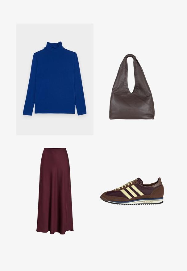 Μπλέ μακριά μπλούζα με τσέπη και γιακά φούστα φτιαγμένη από μαλακό ύφασμα. Λείος υφασμάτινος σχεδιασμός, εφαρμοστή γραμμή και ψηλός γιακάς. Χωρίς σχέδια ή διακοσμήσεις.; Μαξι φούστα από σατέν σε μπορντώ χρώμα με λείο υφή, ψηλή μέση και ρέουσα σιλουέτα που ανοίγει απαλά προς την άκρη.; Καφέ και μπορντό αθλητικά παπούτσια με σουέντ και διχτυωτά υλικά, που διαθέτουν τρεις κρεμ ρίγες, υφή στο ύφασμα της γλώσσας και καουτσούκ σόλα.; Καφέ δερμάτινη τσάντα με χαλαρή, υπερμεγή σχεδίαση. Διαθέτει χειρολαβή με βρόχο και βαθιά κοπή V για εύκολη πρόσβαση. Μαλακή υφή, μινιμαλιστικό στυλ.