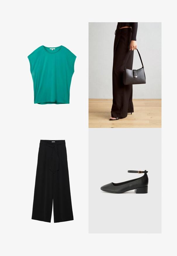 Camiseta de mujer de manga corta y corte holgado en color verde azulado, con escote redondo y pequeña etiqueta blanca en el interior del cuello.; Pantalones de pierna ancha negros con un tejido texturizado, una cinturilla elástica y un lazo desmontable en la cintura para un ajuste ajustable.; Zapato de tacón negro de cuero con punta afilada y tacón bajo cuadrado. Presenta una correa para el tobillo con una hebilla en tono dorado. Textura suave.; Bolso negro con forma estructurada, textura suave y un cierre metálico. Combinado con pantalones anchos negros y sandalias de dedo en un suelo de madera.