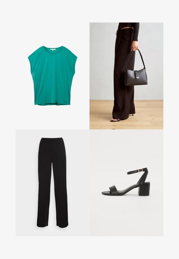 Teal krátky rukáv voľný dámsky top s okrúhlym výstrihom a malou bielou etiketou vo vnútri goliera.; Čierne nohavice so strihom s rovnými nohavicami, hladkou textúrou a priliehavým pásom. Obsahujú predné vrecká a minimálne švy.; Čierne sandále na podpätku so hladkým koženým vrchom, otvorenou špičkou, širokými prednými prúžkami a nastaviteľným členkovým popruhom so zlatým prackom.; Čierna kabelka so štruktúrovaným tvarom, hladkou textúrou a kovovou sponou. V kombinácii so širokými čiernymi nohavicami a sandálmi s otvorenou špičkou na drevenej podlahe.
