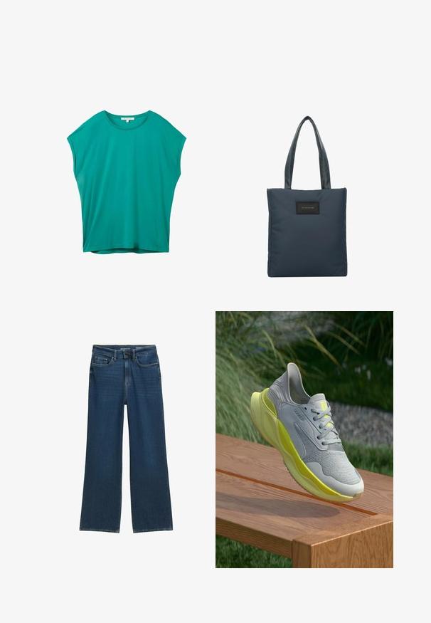 Teal kortärmad lös passform damtopp med rund halsringning och liten vit etikett inuti kragen.; Breda jeans i mörkblå denim med fem fickor, knappgylf och subtila sömnadsdetaljer vid sömmarna.; Grå träningensko med en texturerad överdel och gula detaljer. Lätt design med en tjock sula, som sväva ovanför en trädgårdsyta.; En marinblå tote-väska i mjuk nylon, med två texturerade handtag och en svart rektangulär logotyp på framsidan.