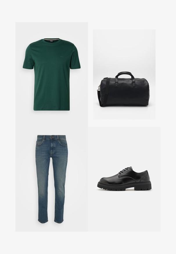 BOSS THOMPSON - Základné tričko - open green; Tmavomodré džínsy so slim fit, s gombíkovým zapínaním, piatimi vreckami a mierne vyblednutým povrchom. Vyrobené z denimovej tkaniny.; Čierne kožené topánky s okrúhlou špičkou, šnurovací dizajn a hrubou, textúrovanou gumovou podrážkou. Má šitie pozdĺž okraja a hladký povrch.; Čierna športová taška vyrobená z textúrovaného syntetického materiálu. Má dve uši a nastaviteľný ramenný popruh. Jednoduchý dizajn bez viditeľných vzorov.