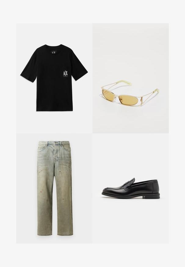 Černé tričko s krátkým rukávem vyrobené z bavlny, které má kapsu na levém prsou s bílým tištěným logem a kulatým výstřihem.; Odstřižené džíny v světle zelené barvě, se rovnými nohavicemi, pěti kapsami a nerovnoměrným vyblednutím s barevnými skvrnami.; Černé kožené polobotky s hladkou texturou, zaoblenou špičkou a zdobným páskem přes nárt. Nízký stohovaný podpatek, minimalistický design.; Sluneční brýle se žlutým nádechem, s průhledným zlatým rámem, štíhlým obdélníkovým tvarem a úhlovými nohami s světle zelenými akcenty.