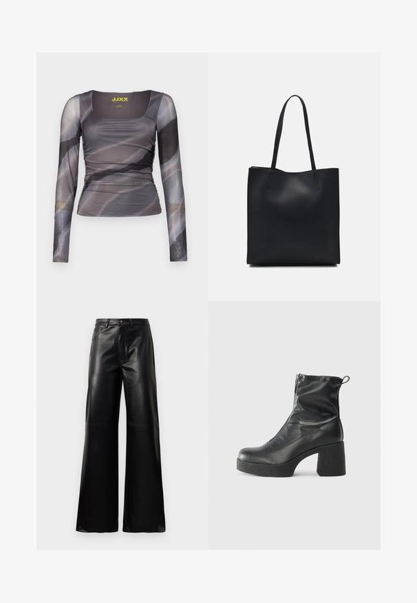 Langærmet bluse i gennemsigtigt, gråt stof med abstrakte mønstre. Har en firkantet udskæring og samlede detaljer i siden. Brandmærke synligt.; Sorte high-waisted bukser i bred ben i imiteret læder med forreste knap, lynlås, bæltestropper og sidelommer på hvid baggrund.; Sorte ankelstøvler lavet af glat læder, med en sidelukning, kraftig struktureret hæl og rundt tådesign.; Sort læder tote taske med glat tekstur, rektangulær form og to lange hanke. Ingen synlig hardware eller udsmykninger.