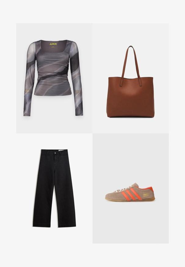 Long-sleeve top in sheer, gray fabric with abstract patterns. Features a square neckline and gathered side detailing. Brand label visible.; Black wide-leg denim pants with a high waist, featuring front and back pockets, stitched seams, and a button closure. Smooth texture.; Brown suede sneaker with three bright orange stripes, lace-up front, and golden "Gazelle" branding on the side. Flat gum sole.; Brown leather tote bag with a smooth texture, open top design, and two shoulder straps. Features minimal stitching and no visible hardware.
