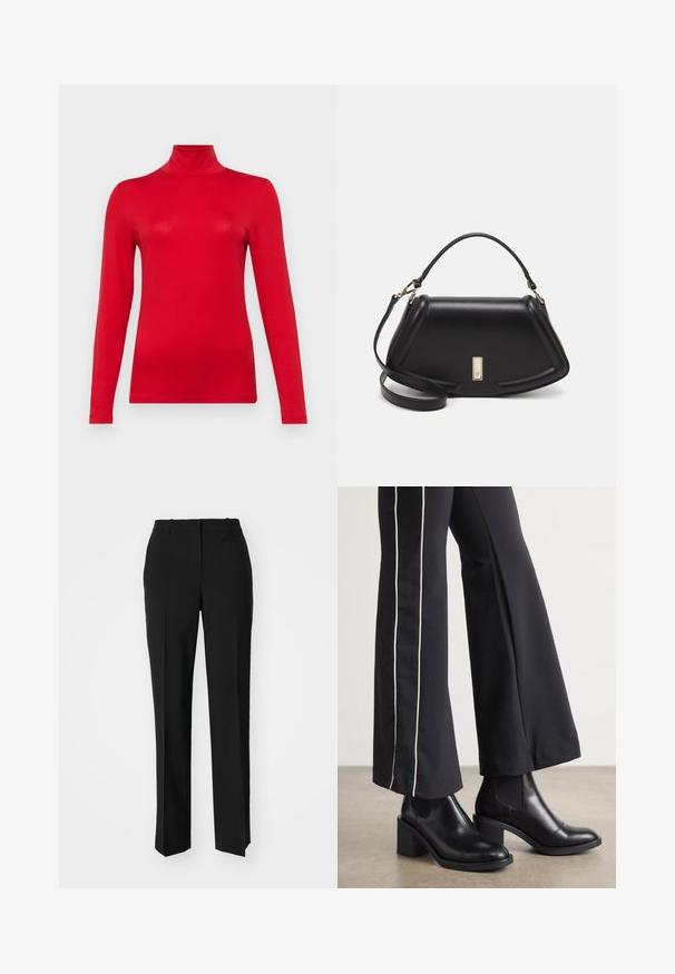 Red turtleneck long-sleeve top made from smooth fabric. Features a fitted design and high collar, with no visible patterns or additional accents.; Black tailored trousers with a straight-leg design, featuring a smooth texture and crisp creases along the front. No visible hardware.; Black leather ankle boots with a block heel, featuring elastic side panels. Paired with black pants that have a white side stripe.; Black leather handbag with a structured design, featuring a cropped shape, top handle, and gold hardware accent. Adjustable shoulder strap included.
