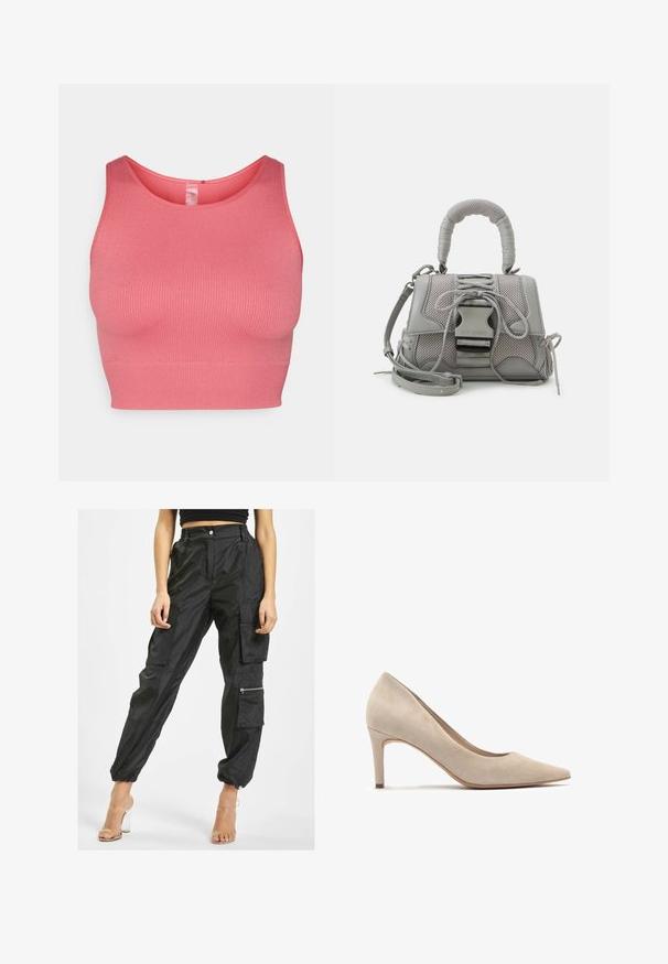 Top de tirantes rosa con diseño ajustado, tirantes anchos y cuello redondo. Textura suave y ajuste que se adapta al cuerpo.; Pantalones cargo negros fabricados en un material ligero que cuentan con múltiples bolsillos, puños elásticos y un bolsillo con cremallera en el lateral para mayor funcionalidad.; Zapato de tacón alto beige de gamuza con punta afilada y tacón de 7 cm. Textura suave, diseño minimalista y silueta fluida.; Bolso de mano texturizado en gris que presenta un asa acolchada, acentos de malla, correa ajustable y un cierre frontal. Diseño compacto con forma redondeada.
