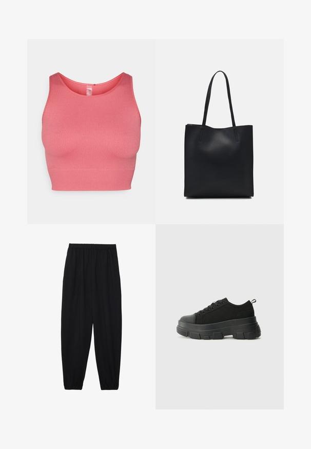 Rozā ribota topiņa ar pieguļošu dizainu, platajām plecu siksnām un apaļu kakla izgriezumu. Gluda tekstūra un figūrai pieguļošs siluets.; Melnas, vieglas bikses ar elastīgu jostu un savilktiem potītiem. Audums ir gluds un to raksturo brīva, sašaurināta forma.; Melnas kedas ar masīvu gumijas zoli, teksturētu auduma augšdaļu, apaļu purngalu un saistīšanas dizainu. Iekļautas pastiprinātas acs atveres un aizmugurējais cilpiņas siksniņa.; Melnas ādas somiņa ar gludu tekstūru, taisnstūra formu un divām garām rokturiem. Nav redzamu aparatūras vai rotājumu.