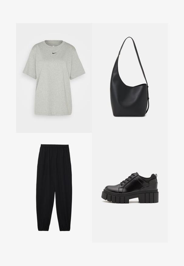 Pilkas medvilnės marškinėliai su apvalia iškirpte ir trumpomis rankovėmis. Ant krūtinės yra mažas juodas Nike logotipas. Paprastas, laisvas fasonas.; Juodi, lengvi kelnių su elastinga juosmens juosta ir surinktais kulkšniais. Audinys yra lygus ir turi atsipalaidavusį, siaurėjantį dizainą.; Juodi odiniai platformos batai su masyviu blokuota kulniuku, apvalia nosimi ir tradiciniu šnypštimo dizainu. Turintys glotnų paviršių ir minimalų dekoravimą.; Juodas odinis hobo maišas su lygiu paviršiumi, kreipta forma ir viena reguliuojama rankena; turi platų atidarymą viršuje.