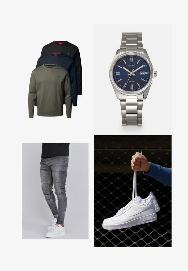 Trys ilgomis rankovėmis marškiniai alyvuogių žalumos, jūros gylio ir juodos spalvos. Kiekvieni turi apvalų iškirpimą ir mažą logotipą krūtinėje. Pagaminti iš medvilnės.; Lieknos džinsai iš išbluko pilkos džinsinės medžiagos, su pažeidimais keliuose, derinami su baltais sportiniais batais. Lygi tekstūra, siauras siluetas.; Balti odiniai sportiniai bateliai su perforacijomis, apvalia nosimi, plokščiu padu ir storomis raištelėmis, su matomu swoosh logotipu ir "AIR" ant kulno.; Sidabrinis nerūdijančio plieno laikrodis su tamsiai mėlynu ciferblatu, metaliniais valandų žymenimis ir datos langeliu 3 valandą. Atsparus vandeniui iki 50 metrų.