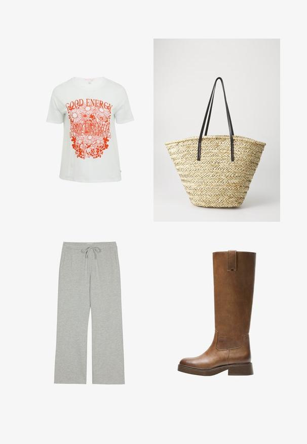 Weißes T-Shirt mit einem auffälligen orangen Grafikdesign, das florale Elemente sowie den Text "GUTE ENERGIE" und "GUTE GEDANKEN WERDEN GUTE DINGE" enthält.; Cremfarbene Bluse mit V-Ausschnitt, langen Ballonärmel und geschichteten Rüschen am Saum, mit einer Bindung im Rückenmittelpunkt.; Hellgraue Jogginghose aus weichem, strukturiertem Stoff mit einem Kordelzugbund und Seitentaschen; weit geschnitten und lässig.; Braunes Leder-Knöchelhochstiefel mit abgerundetem Zeh, strukturiertem Obermaterial und niedrigem, gestapeltem Absatz. Verfügt über ein seitliches Einsätzen und eine Ziehschlaufe an der Oberseite.; Geflochtene Strohtasche in breiter, sich verjüngender Form mit zwei schwarzen Ledergriffen. Natürliche beige Farbe mit strukturierter Oberfläche.