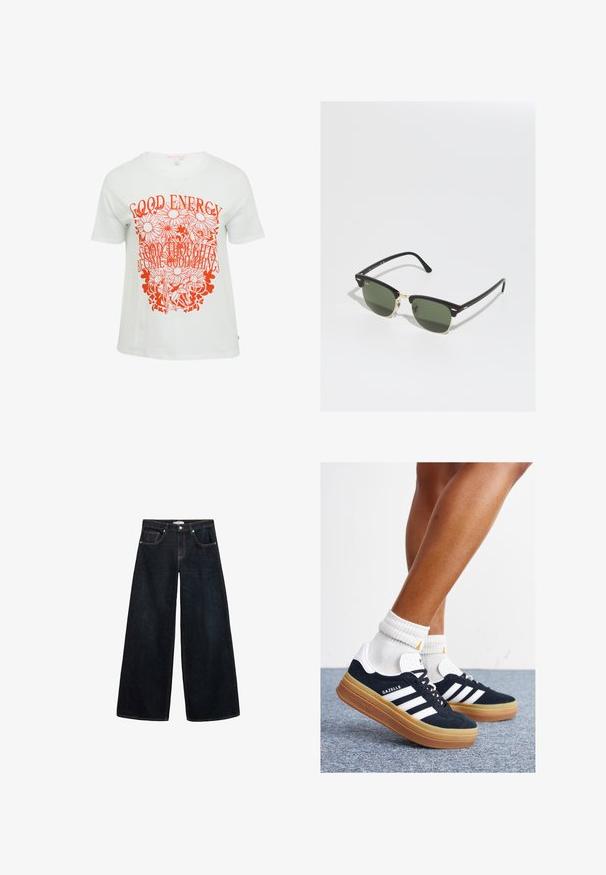 White t-shirt featuring a bold orange graphic design with floral elements and text saying "GOOD ENERGY" and "GOOD THOUGHTS BECOME GOOD THINGS."; Wide-leg dark denim jeans with a high waist, featuring contrasting stitching, front pockets, and a minimalistic design.; Black suede sneakers with white stripes and accents, rounded toe, gum rubber outsole, paired with white ribbed crew socks.; Black and gold sunglasses with green lenses, featuring a cat-eye shape, metallic accents, and a textured frame.