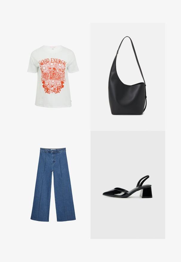 Witte T-shirt met een gedurfde oranje grafische print met bloemen en tekst die zegt "GOEDE ENERGIE" en "GOEDE GEDACHTEN WORDEN GOEDE DINGEN."; Brede denim jeans in medium blauw, met een hoge taille, knoopsluiting en contrasterende verticale naden aan de voorkant.; Zwarte gepatineerde leren slingback hakken met een spitse neus en een geometrische blokhak. Kenmerkt zich door een slank, minimalistisch ontwerp en een gladde textuur.; Zwarte leren hobo tas met een gladde textuur, kromme vorm en een enkele verstelbare schouderband; heeft een brede opening aan de bovenkant.