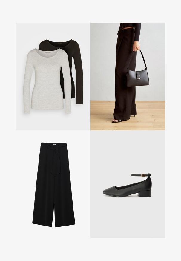 To lange langærmede bluser, en grå og en sort, med en scoop halsudskæring. Stof ser blødt ud med en glat overflade og minimal detaljering.; Sorte vide bukser i en tekstureret stofkvalitet, med elastisk talje og et aftageligt bånd i taljen for justerbar pasform.; Sorte læderpumper med spids tå og en lav blokhæl. Har en ankelrem med en guldfarvet spænde. Glat tekstur.; Sort håndtaske med struktureret form, glat overflade og metalspænde. Sammen med brede sorte bukser og sandaler med åben tå på trægulv.