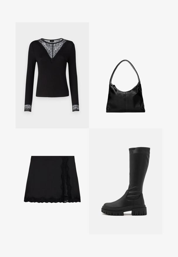 Zwarte lange mouw top met geribbelde structuur, voorzien van kantdetails bij de V-hals en kantaccenten op de manchetten. Eenvoudig en aansluitend ontwerp.; Even&Odd Minirok - black; Even&Odd Plateaulaarzen - black; Zwarte leren schoudertas met een gladde textuur, een gebogen bovenkant en een enkele schouderband. Voorzien van een ritsluiting en een minimalistisch design.