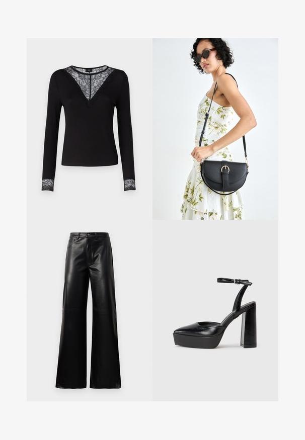 Musta pitkähihaisuus paita, jossa on ribbitekstuuri, V-kauluksessa on pitsiyksityiskohtia ja hihoissa pitsivaihtoehtoja. Yksinkertainen ja istuva malli.; Mustat korkeat leveät keinonahkahousut, joissa on etupainike, vetoketjukiinnitys, vyölenkit ja sivutaskut valkoista taustaa vasten.; Mustat korkeat platform-kengät, joissa on terävä kärki ja säädettävä nilkkaremmi. Valmistettu sileästä nahasta ja varustettu paksulla lohkokorkeudella.; Musta nahkainen käsilaukku, joka on kaareva muotoilultaan, irrotettavalla hihnalla ja kultaisilla yksityiskohdilla. Laukussa on läppä, jossa on solk yksityiskohta.