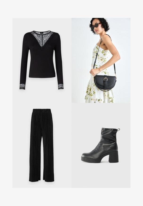 Schwarzes Langarmoberteil mit gerippter Textur, bietet Spitzenverzierungen am V-Ausschnitt und Spitzenakzente an den Bündchen. Einfaches und figurbetontes Design.; Schwarze plissierte Hose mit elastischem Bund. Verfügt über weite Hosenbeine und einen glatten, strukturierten Stoff mit vertikalen Streifen.; Schwarze Stiefeletten aus glattem Leder mit seitlichem Reißverschluss, klobigem strukturiertem Absatz und runder Zehenform.; Schwarze Lederhandtasche mit geschwungener Form, abnehmbarem Tragegurt und goldenen Beschlägen. Die Tasche verfügt über einen Deckel mit einer Schnallen-Details.