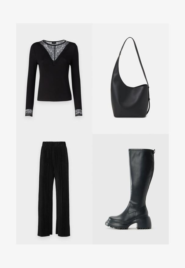 Top lungo nero a maniche, con texture a costine, presenta dettagli in pizzo nel collo a V e accenti in pizzo sui polsini. Design semplice e aderente.; Pantaloni neri a plissé con vita elasticizzata. Presentano gamba ampia e un tessuto liscio e texture con strisce verticali.; Stivale lungo in pelle nera con suola piatta robusta e tacco a blocco, dotato di linguetta e battistrada testurizzato sulla suola.; Borsa hobo nera in pelle con una superficie liscia, forma curvata e una singola tracolla regolabile; presenta un'ampia apertura nella parte superiore.