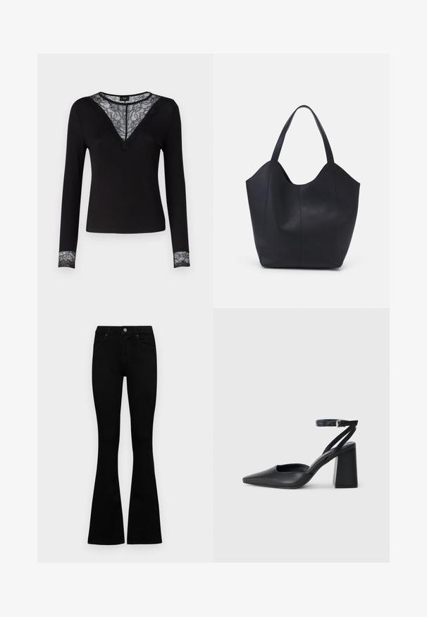 Svart langermet topp med ribbet tekstur, har blonde detaljer ved V-halsen og blonder på mansjettene. En enkel og tettsittende design.; Sorte høytlivsjeans med knapp og glidelås, frontlommer og utsvingte bein liggende flatt på en hvit bakgrunn.; Svart lær pumps med spiss tå, ankelrem og kraftig hæl. Flat tekstur, strømlinjeformet design og minimalisme.; Svart tote-veske laget av glatt lær, med en buet, åpen topp og to skulderstropper, samt et minimalistisk design.
