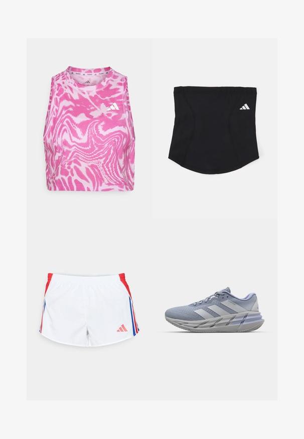 Rózsaszín, ujjatlan crop top, hullámos mintával, puha anyagból készült; az elülső részen, a nyakkivágás közelében hímzett fehér logó található.; Fehér sportnadrág piros oldalsó panelekkel, kék csíkokkal. Rugalmas derékpánt és logó az alsó bal oldalon. Sima szövet textúra.; Világoskék sportcipők texturált felsőrésszel, ezüst kiegészítőkkel és vastag szürke talppal, amely réteges kialakítású. Fűzők és párnázott bokaellátás tartozik hozzá.; Fekete sportos fejpánt sima felülettel, ívelt formával és rugalmas felső résszel. Az oldalon egy kis fehér Adidas logó található.