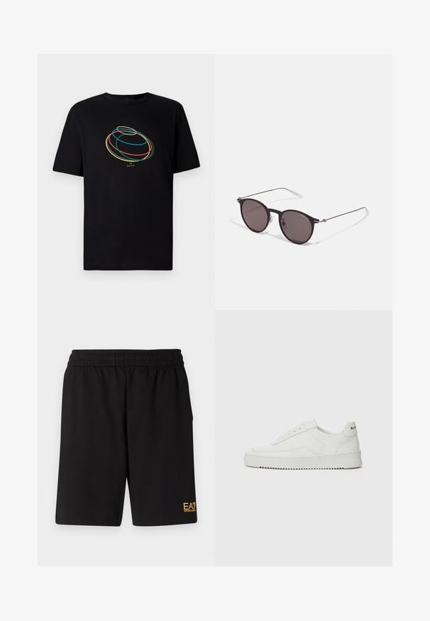 Juodas marškinėliai su trumpomis rankovėmis, kurių priekyje yra abstrakčių spalvotų kilpų dizainas mėlynos, žalios, geltonos ir raudonos spalvų.; Juoda sportinė šortai, pagaminti iš minkštos medžiagos, su elastingu diržu ir maža geltona EA7 logo apatinėje kairėje kojoje.; Balti odiniai sportiniai bateliai su lygia apdaila, apvaliu pirštu, plokščiais raišteliais ir tekstūruotu padu. Pasižymi subtiliu logotipu ant kulno.; Juodos apvalios saulės akinių su tamsiais lęšiais ir plonomis metalinėmis šakomis. Įtraukti skaidrūs šventyklų galai ir sidabriniai akcentai vyrio srityje. Minimalistinis dizainas.