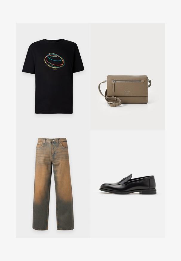 Must värvi t-särk lühikeste varrukatega, mille ees on abstraktne disain värvilistest silmustest sinises, rohelises, kollases ja punases.; Laia teksad kulunud sinises ja pruunis denimis. Omavad kõrget vöökohta, eespooltaskuid ja klassikalist nupuga sulgemist metallist aktsentidega.; Mustad mustad nahast loafers sileda tekstuuriga, ümarat ninaosa ja dekoratiivne riba vampi üle. Madal kihiline konts, minimalistlik disain.; Kohvase naha ületõmmatav kott, millel on lukuga esikott, reguleeritav rihm, kivitextuur ja esiküljel embosseeritud logo.