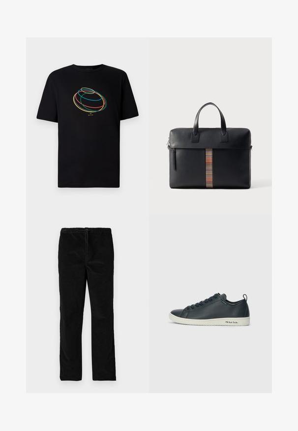 Črna majica s kratkimi rokavi, na kateri je spredaj abstraktna zasnova barvnih zank v modri, zeleni, rumeni in rdeči barvi.; Črne ravne sametne hlače z elastičnim pasom in sprednjim vrvico, prikazane na enobarvni beli podlagi.; Temno mornarsko usnjeno teniško obuvalo z gladko površino, okroglo konico, vezalkami s šestimi očesi ter kontrastnim belim gumijastim podplatom. Na strani se nahaja znamčenje.; Paul Smith BAG FOLIO UNISEX - Aktovka - black