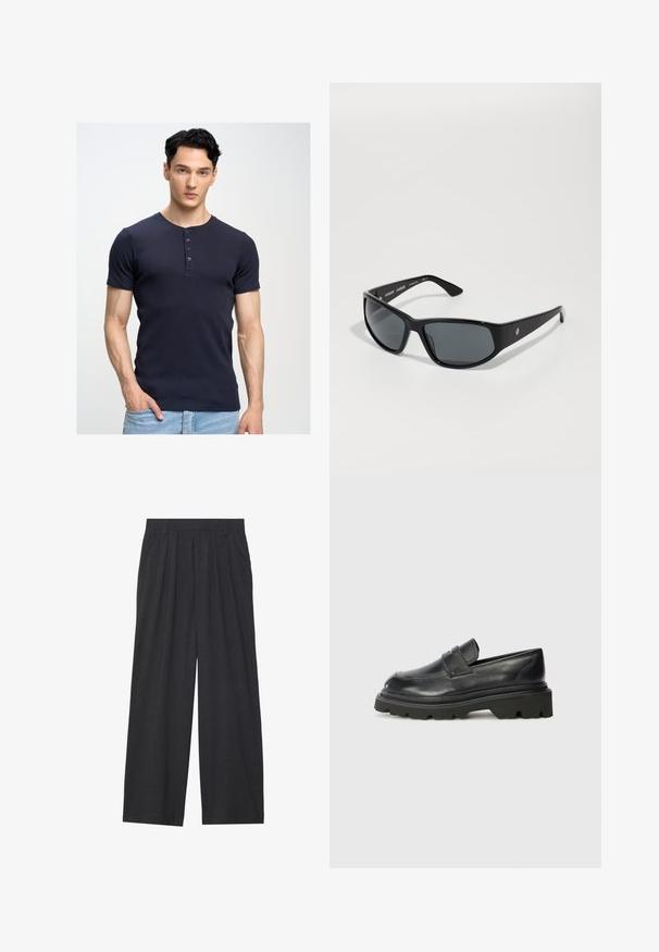 Tamsiai mėlynas trumpas rankovėmis marškinėlis su apvaliu kaklu ir penkių mygtukų kišene; prigludusi forma; minkšta, lygi tekstūra; dėvimi su šviesiai mėlynomis džinsomis.; Tamsiai pilkos spalvos plačios kojos kelnės. Su klostėmis ties juosmeniu, pritaikyta konstrukcija ir tiesi siluetas.; Juodos odinės loafer tipo avalynės su apvaliu pirštu, turinčios žemą, masyvų guminį pado su raštu ir sulankstytą dirželį ant priekio.; Juodi saulės akiniai su pilkais lęšiais, stačiakampio formos, plastikinė rėmelis ir logotipo detalė ant rankos. Lygus paviršius, sportiškas dizainas.