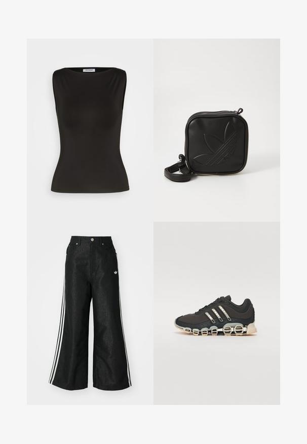 Top nero senza maniche realizzato in un materiale liscio e elastico. Presenta un colletto rotondo e una silhouette aderente. Nessun motivo o accento visibile.; Pantaloni in denim neri a gamba larga con tre strisce bianche su ciascun lato e un piccolo logo bianco. Presentano tasche frontali e chiusura con bottone.; Scarpa da ginnastica nera con tomaia testurizzata, tre strisce argentate e una suola ammortizzata distintiva con più sezioni integrate.; Borsa a tracolla nera realizzata in materiale sintetico testurizzato. Presenta un design con logo inciso e una tracolla regolabile. Chiusura con zip.