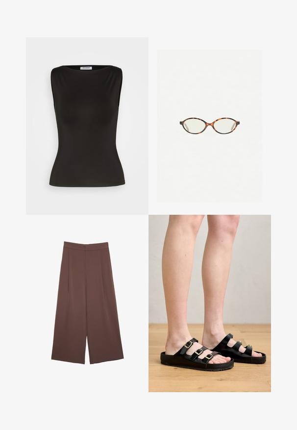 Musta ilman hihoja oleva toppi, joka on valmistettu sileästä ja joustavasta materiaalista. Siinä on pyöreä kaula-aukko ja tiukka siluetti. Ei näkyviä kuvioita tai koristeita.; Ruskeat leveälahkeiset housut, joissa on sileä pinta, korkea vyötärö ja etupleat. Kangas on kevyttä ja laskeutuu väljänä.; Musta sandaalit, jotka on valmistettu sileästä materiaalista. Niissä on kolme säädettävää hihnaa, joissa on kultaiset soljet, ja litteä pohja, jossa on pystypintainen pito.; Kilpikonnakuosiset silmälasit, joissa on soikeat linssit ja tyylikäs, sileä pinta. Ominaisuudet: ohuet sivut, joissa on hienovarainen kaari temppeleissä. Kirkkaat linssit.