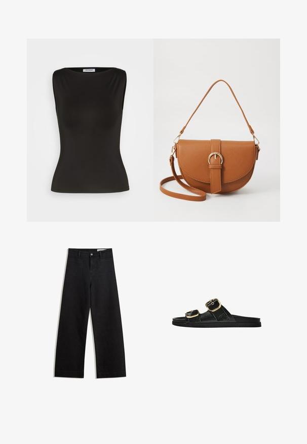 Črna brezrokavnik z gladkim, raztegljivim materialom. Ima okrogel izrez in prilegajoč silhueto. Brez vidnih vzorcev ali poudarkov.; Črne široke denim hlače z visokim pasom, ki imajo sprednje in zadnje žepe, šivane šive ter gumbasto zapiranje. Gladka tekstura.; Črne drsne sandale z dvema zlatima zaponkama, gladkega materiala, ravnim podplatom in minimalističnim dizajnom.; Rjava usnjena torbica prek telesa s ukrivljeno obliko, zlate opreme in sponko. Ima odstranljiv naramni trak.
