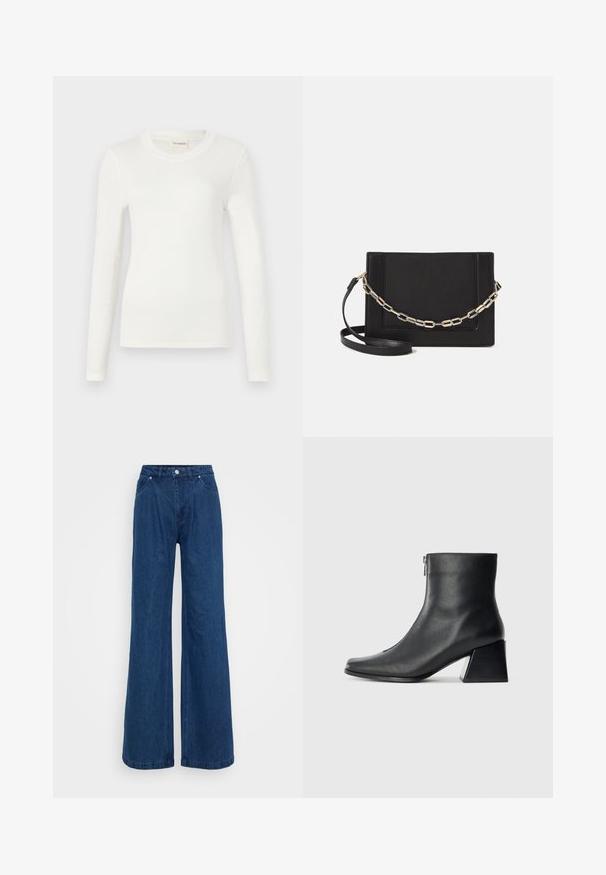 Langärmliges weißes T-Shirt aus weichem Stoff, mit Rundhalsausschnitt und figurnaher Silhouette. Minimalistisches Design ohne Muster oder Akzente.; Weite blaue Jeans mit hoher Taille, vorderem Knopf- und Reißverschlussverschluss sowie Vorder- und Hintertaschen vor einem schlichten Hintergrund.; Schwarze Lederstiefelette mit quadrater Zehenform, seitlichem Reißverschluss und Blockabsatz vor einem schlichten hellen Hintergrund.; Schwarze Leder-Crossbody-Tasche mit glatter Textur, rechteckiger Form und metallic-kettendetail auf der Vorderseite. Verstellbarer Gurt inklusive.