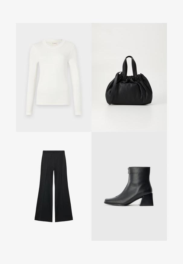 Bijela majica dugih rukava izrađena od mekanog materijala, s okruglim izrezom i prilagođenim siluetom. Minimalistički dizajn bez uzoraka ili naglašavanja.; Crne široke hlače s glatkom teksturom, koje imaju prednje nabore i kroj po mjeri. Tkanina je lagana i lepršava.; Crne kožne gležnjače sa četvrtastim vrhom, bočnim patentnim zatvaračem i blok petom na jednostavnoj svijetloj pozadini.; Crna kožna torba s nabranim dizajnom na vrhu, s dva kratka ručka i dugim podesivim remenom. Glatka tekstura, zaobljen oblik.