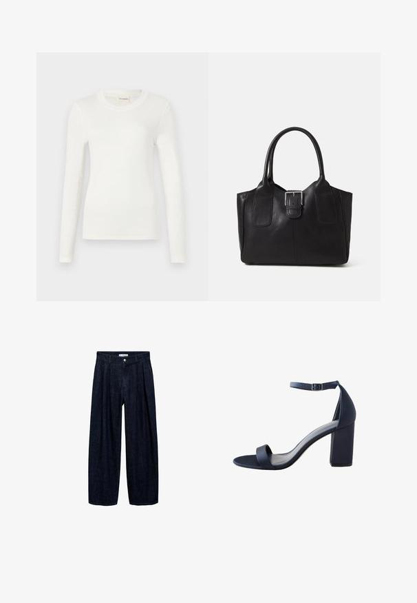 Bílý tričko s dlouhými rukávy vyrobené z měkké tkaniny, má kulatý výstřih a přiléhavý střih. Minimalistický design bez vzorů nebo akcentů.; Tmavě modré rozšířené kalhoty z denimu s přehyby v pase, vybavené předním knoflíkem a poutky na opasek. Hladká textura a design v plné délce.; Námořnické modré sandály na vysokém podpatku s hladkým povrchem, širokým páskem přes prsty, páskem kolem kotníku a blokovým podpatkem pro lepší stabilitu.; Černá kožená tote taška s hladkým povrchem, strukturovaným tvarem, dvěma uchy a výrazným stříbrným detailem s přezkou na přední straně.