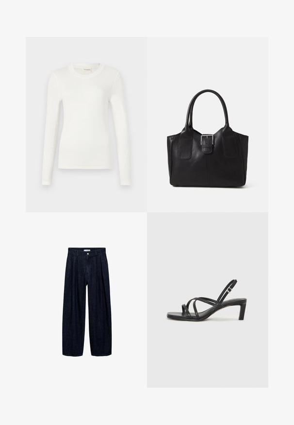 Bílý tričko s dlouhými rukávy vyrobené z měkké tkaniny, má kulatý výstřih a přiléhavý střih. Minimalistický design bez vzorů nebo akcentů.; Tmavě modré rozšířené kalhoty z denimu s přehyby v pase, vybavené předním knoflíkem a poutky na opasek. Hladká textura a design v plné délce.; Černé sandály na tenkém podpatku se čtveratou špičkou a nízkým blokovým podpatkem. Mají několik tenkých popruhů a nastavitelné zapínání okolo kotníku. Vyrobeny z hladké kůže.; Černá kožená tote taška s hladkým povrchem, strukturovaným tvarem, dvěma uchy a výrazným stříbrným detailem s přezkou na přední straně.