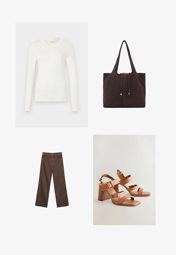 Langärmliges weißes T-Shirt aus weichem Stoff, mit Rundhalsausschnitt und figurnaher Silhouette. Minimalistisches Design ohne Muster oder Akzente.; Weite braune Jeans aus Denim, mit hoher Taille, Fronttaschen und klassischem Knopfverschluss. Glatte Textur mit feinen Nähten.; Braune Leder-High-Heel-Sandalen mit mehreren Riemen, goldenen Hardware-Elementen und einem schrägen Blockabsatz. Glatte Textur, offenes Zehen-Design.; Mango Shopping Bag - dark brown
