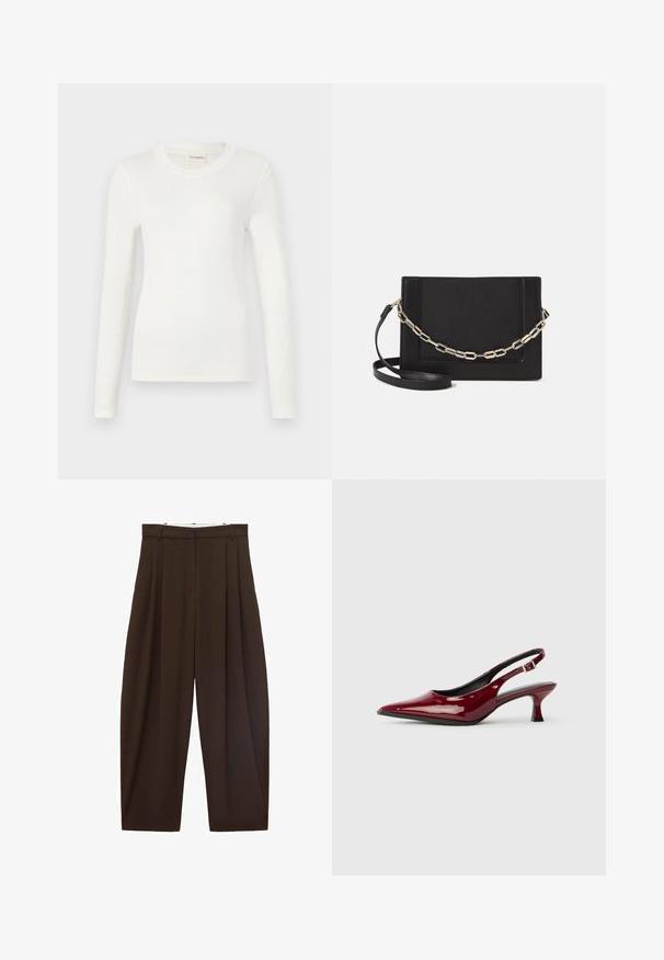 Wit langslib T-shirt gemaakt van zachte stof, met een ronde halslijn en een getailleerde pasvorm. Minimalistisch ontwerp zonder patronen of accenten.; Bruine high-waisted broek met plooien, gemaakt van soepel materiaal. Loose fit, rechte pijpen, met riemlussen en een ritsluiting.; Bordeaux patent leren slingback hakken met een puntige neus en een slanke stilettostonk. Ontwerp met open achterkant en verstelbare enkelriem.; Zwarte leren schoudertas met een gladde textuur, rechthoekige vorm en een metallic kettingdetail aan de voorkant. Verstelbare schouderband inbegrepen.