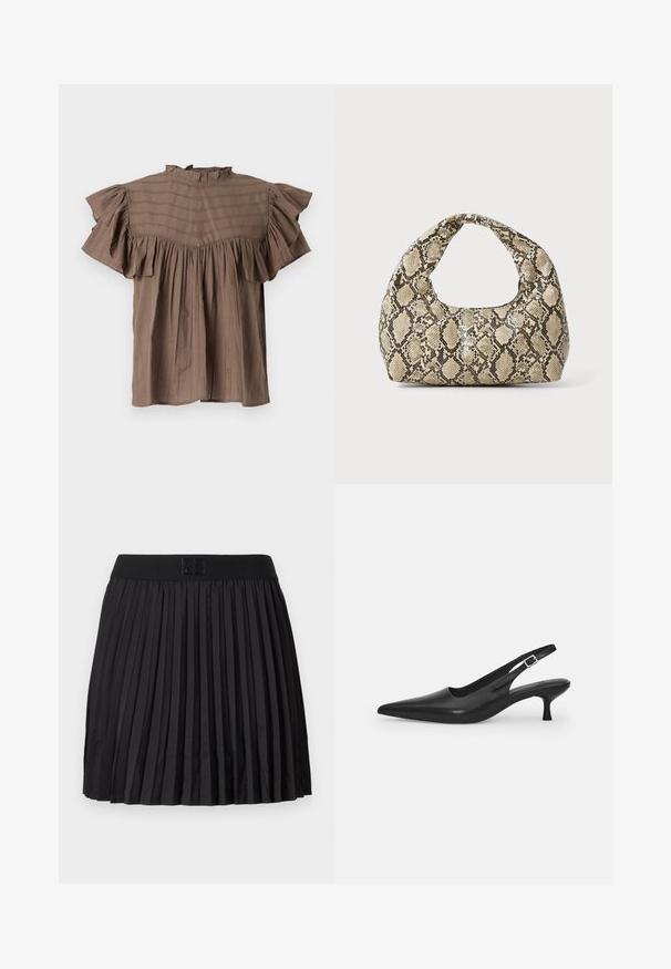 Bruine blouse met korte mouwen en een gerimpelde halslijn en mouwen. Heeft verticale strepen, een losse pasvorm en geplooide details bij de taille.; Zwarte geplooide rok met een soepele textuur, voorzien van een effen zwarte tailleband en een reliëflogo-detail aan de voorkant.; Zwarte leren slingback schoen met een puntige neus en een slanke, gebogen hak. Voorzien van een discrete verstelbare band met een metalen gesp.; Slangpatroon handtas met een gebogen handvat. Gemaakt van gestructureerde, beige en bruine materialen, met een kenmerkend ruitpatroon.