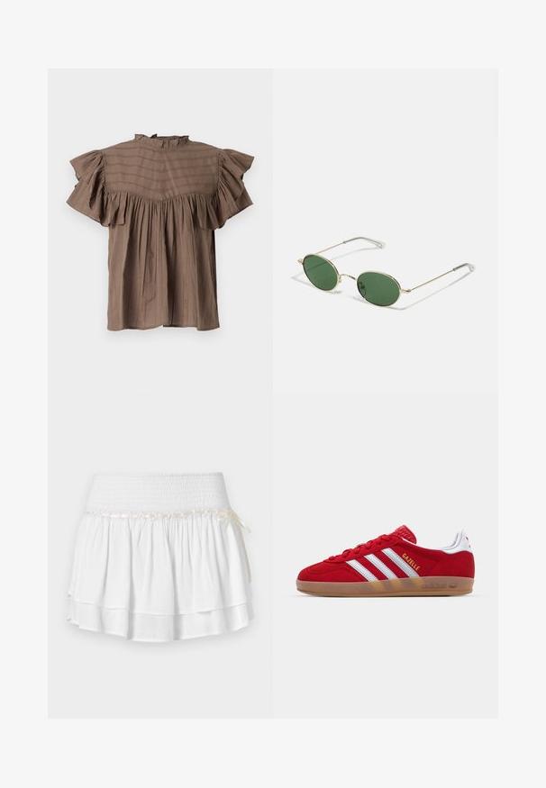 Brown short-sleeve blouse with a ruffled neckline and sleeves. Features vertical stripes, a loose fit, and gathered detailing at the waist.; White tiered skirt with an elastic waistband, featuring a textured smocking detail and a decorative ribbon accent. Cotton fabric.; Red suede sneaker with white three-stripe design and gold "Gazelle" text. Features a rubber gum sole and textured heel.; Gold-framed sunglasses with green oval lenses and thin metal arms. Features clear plastic tips on the arms for comfort.; Red leather shoulder bag with a smooth texture, curved design, and a decorative buckle accent. Adjustable strap and zip closure.