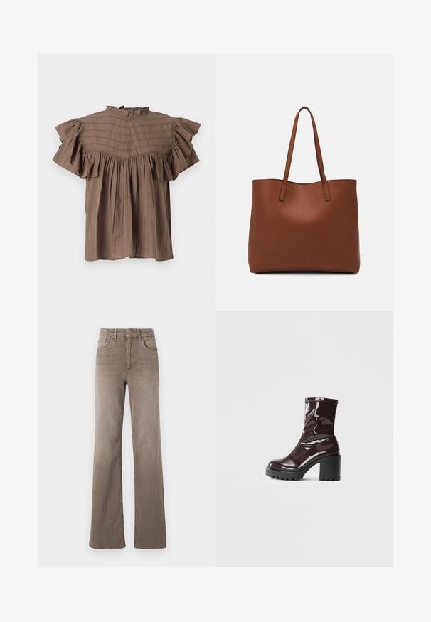 Ruskea lyhythihainen paita, jossa on rypytys kaula-aukossa ja hihoissa. Ominaisuuksiin kuuluvat pystysuorat raidat, rento istuvuus ja kerätty yksityiskohta vyötäröllä.; Kuhun ruskeat korkeavyötäröiset suorat farkut etuvipusella, vyölenkeillä ja klassisella viiden taskun muotoilulla valkoista taustaa vasten.; Satea bordeaux berwarna mengkilap dengan tumit hitam tebal, menampilkan tekstur halus dan desain sederhana. Tanpa pengikat atau pola yang terlihat.; Ruskea nahkainen olkalaukku, jossa on sileä pinta, avoin yläosa ja kaksi olkahihnaa. Omaavat vain minimaalisen ompelun eikä näkyvää metalliosaa.