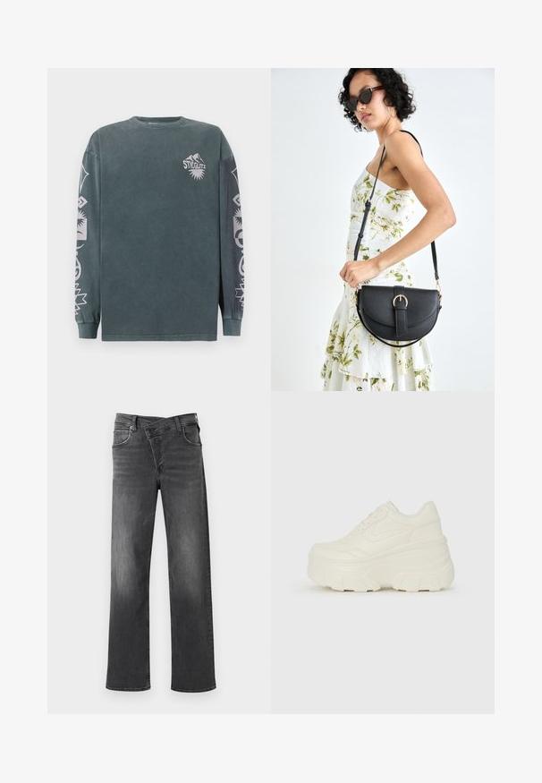 Langermet skjorte i mørkegrønn bomull, med hvite grafiske trykk på ermene og brystet. Ribbede rundhalser og mansjetter. Standard passform.; Mørkegrå denimjeans med rett benkutt, fem-lomme design og subtil fading. Forsterket søm og detaljer i metall.; Hvite plattformsnickers med en glatt læraktig overdel, avrundet form, polstret krage og teksturert gummisåle med tydelige dekk.; Svart lærveske med en buet form, avtagbar stropp og gullbeslag. Vesken har et klaff med spenne-detall.