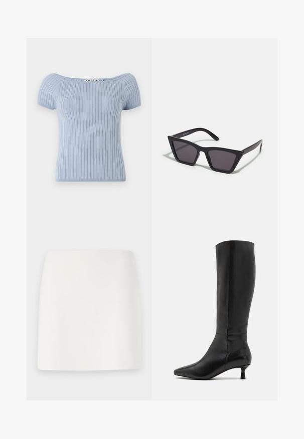 Šviesiai mėlynas pūstų rankovių megztinis su grioveliais ir užtrauktu kaklu. Turi prigludusią siluetą ir lygų paviršių.; Balta, prigludusi mini sijonas su lygiu paviršiumi ir švariomis linijomis. Be matomų raštų ar detalių. Tiesus kraštas apačioje.; Zign Batai - black; Juodos, kampuotos saulės akinios su pilkais stiklais; pagaminti iš plastiko, su storomis šakėmis, turinčiomis lygų paviršių ir be matomų detalių.; Juodas zomšos sankabos krepšys su užtrauktuku ir nuimamu riešo dirželiu. Krepšys turi auksinės spalvos detales ir lygią, matinę tekstūrą.