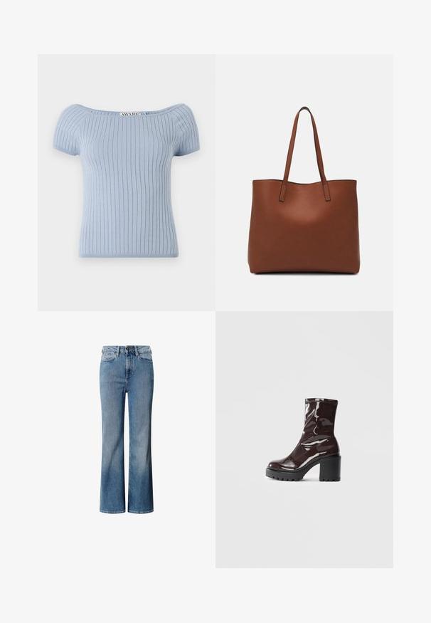 Šviesiai mėlynas pūstų rankovių megztinis su grioveliais ir užtrauktu kaklu. Turi prigludusią siluetą ir lygų paviršių.; Mėlynos džinsinės kelnės su aukštu liemeniu, plačiomis kojomis ir nusidėvėjusiu plovimu. Yra klasikinis penkių kišenių dizainas ir priekinis mygtukų užsegimas.; Blizgus burgundių spalvos kulknapis su tankiu juodu kulnu, pasižymintis lygiu paviršiumi ir paprastu dizainu. Nėra matomų užsegimų ar raštų.; Ruda odinė priekabų krepšys su glotnia tekstūra, atviru viršumi ir dviem petnešomis. Su minimalia siuvimo detalėmis ir nematoma aparatūra.