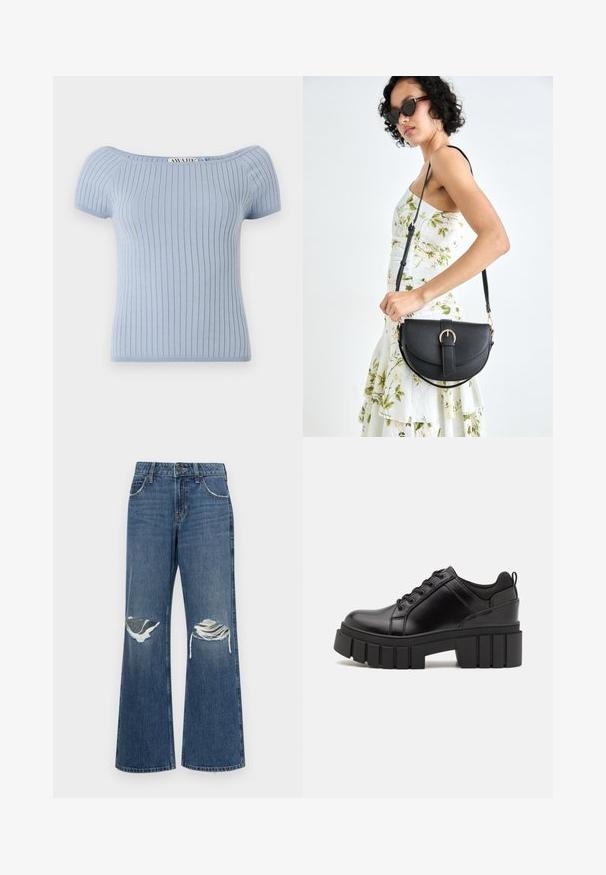 Helehall sinine ribakudu särk lühikeste puhvärviga ja õlavarre alla jääva kaelusega. Omab napilt vormitud siluetti ja siledat tekstuuri.; Keskmise sinise värvi laiad teksapüksid, millel on kulunud põlveaugud, toore äärega ning klassikaline viie taskuga disain, mis on varustatud metallnööbiga.; Must musta platvormsussid paksu plokkninal, ümmarguse varbaga ja traditsioonilise nööridega kinnitamisega. Sussid on sileda tekstuuriga ja minimaalsete detailidega.; Mustmust mustraha kõverate joontega, eemaldatava rihmaga ja kuldsete detailidega. Kotil on klapp, millel on pandladetail.