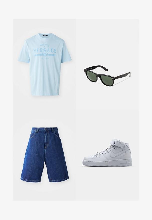 Světle modré bavlněné tričko s grafickým textem "MILANO VERSACE" v kontrastní modré barvě, krátké rukávy a kulatý výstřih.; Bershka SHORT SLEEVE TAILORED - Košile - dark grey; Denimové kraťasy s modrým ombré, s vysokým pasem, dvěma předními kapsami a žlutým prošíváním podél švů.; Vysoké šedé tenisky Nike Air Force 1 s koženým svrškem, polstrovaným límcem a pásem na suchý zip. Ikonický design obsahuje perforovanou špičku.; Černé plastové sluneční brýle se zelenými skly, čtvercové obroučky, stříbrný detail na obočí a texturované stranice. Značka uvedená na vnitřní straně stranic.