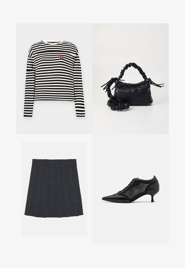 Schwarz-weißer langärmeliger gestreifter Shirt mit einem kleinen roten Herz-Patch, auf dem "The VIP Club" steht, auf der linken Brust.; Dunkelgrauer, plissierter Rock mit elastischem Bund, aus einem strukturierten Stoff und in klassischer A-Linie. Geeignet für die Freizeit.; Schwarzer spitzer Schuh mit einem Mesh-Panel-Design, ausgestattet mit einem niedrigen Absatz und einer Schnürung vorne. Hergestellt aus einer Kombination von Leder und Mesh-Material.; Schwarze Handtasche aus Kunstleder mit Krokodilstruktur, gerafftem oberen Teil und einem geschoppten Tragegurt. Sie wirkt weich und kompakt im Design.